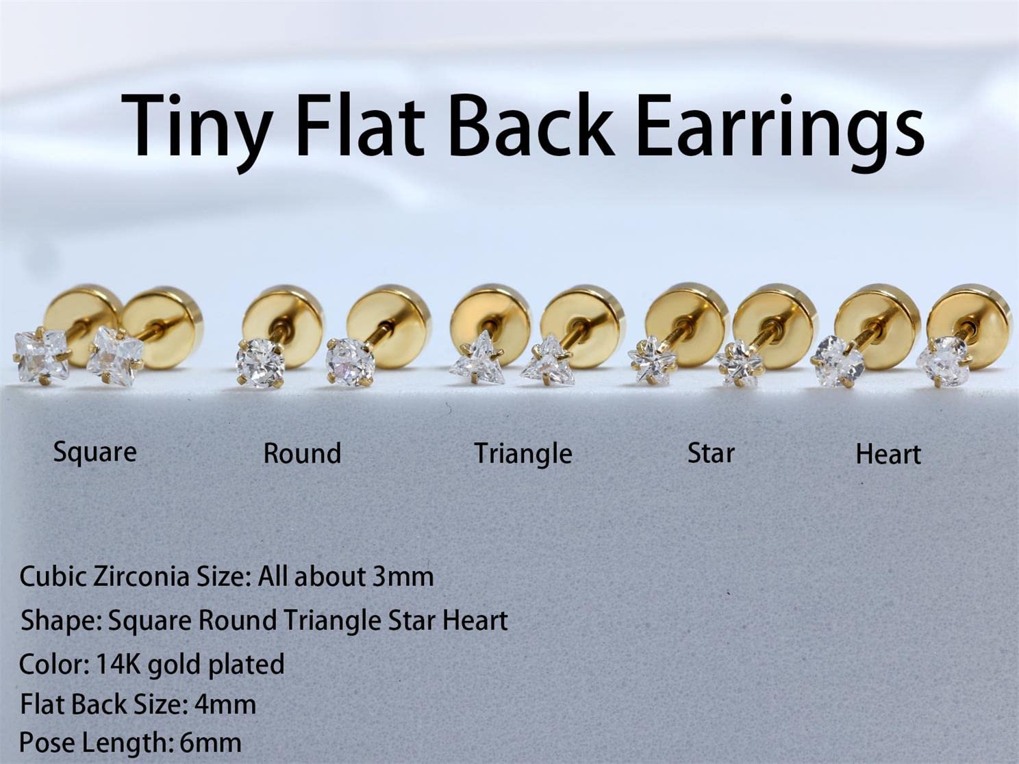 Flat Back Earrings for Women Hypoallergenic: 5 Pairs 14K Gold Tiny Stud Earrings in Stainless Steel Lightweight Round Star Square Heart Triangle Cubic Zirconia Earrings Studs for Lobe, Cartilage, Helix (14K Gold Plated)