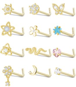 fxiqini 12pcs nose stud rings l shaped cubic zirconia stainless steel nose studs moon butterfly snake flower red heart star dangle nose piercing jewelry nose stud for women men 20g silver gold tone