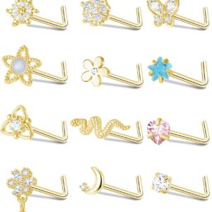 Fxiqini 12Pcs Nose Stud Rings L Shaped Cubic Zirconia Stainless Steel Nose Studs Moon Butterfly Snake Flower Red Heart Star Dangle Nose Piercing Jewelry Nose Stud for Women Men 20G Silver Gold Tone