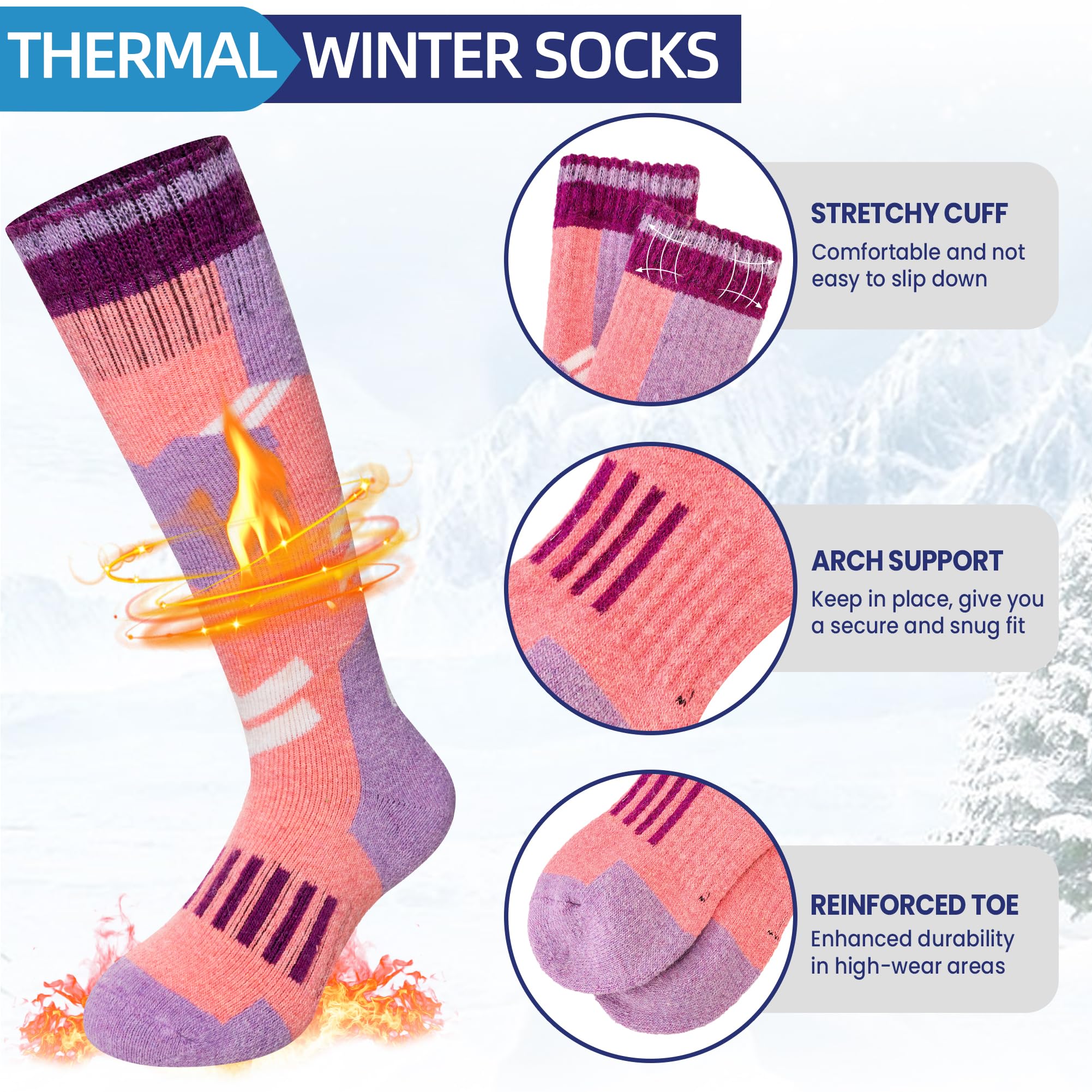 Kids Ski Socks Merino Wool Winter Warm Thermal Hiking Snowboarding Knee High Heavy Boot Socks for Toddler Boys Girls 2 Pairs(Pink/Purple, 8-12 Years)