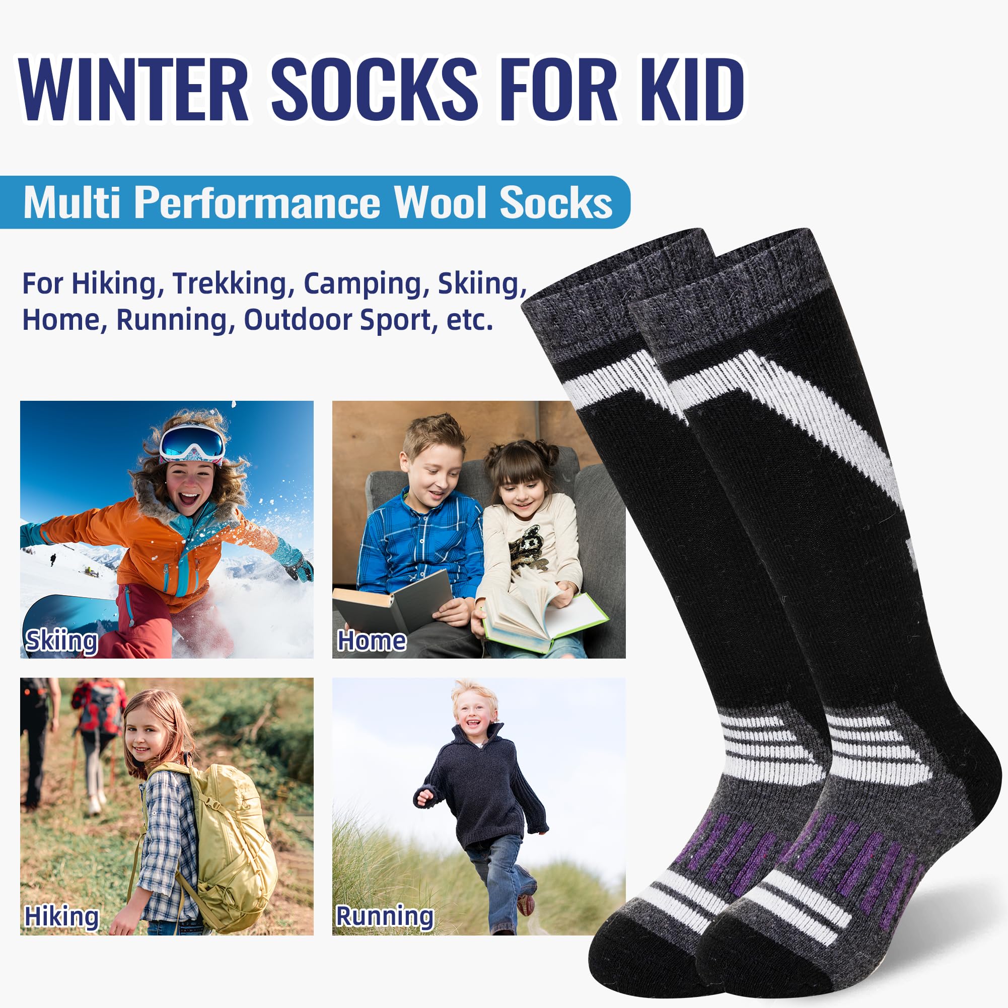 Kids Ski Socks Merino Wool Winter Warm Thermal Hiking Snowboarding Knee High Heavy Boot Socks for Toddler Boys Girls 2 Pairs(Black/Grey, 4-7 Years)