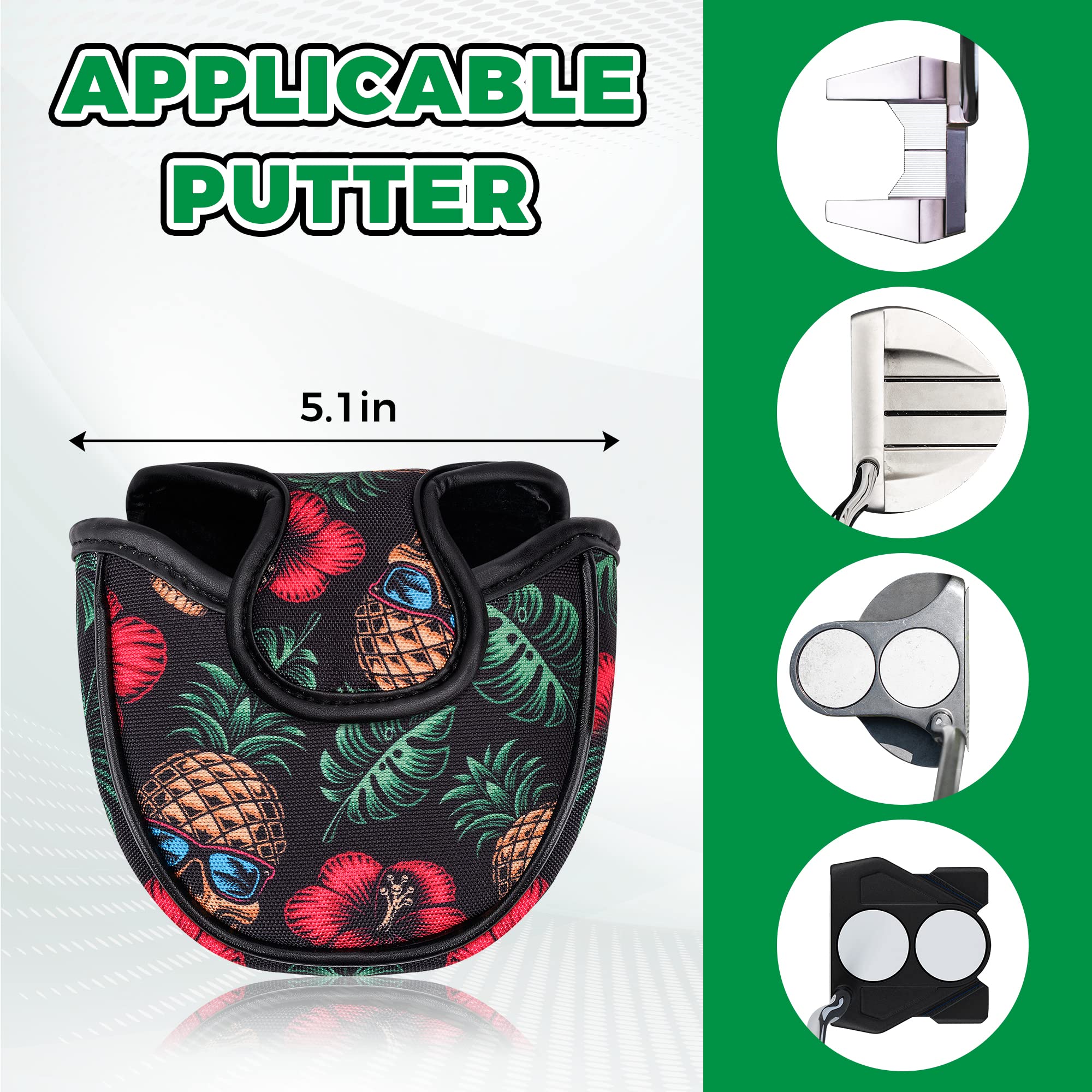 VIXYN Golf Club and Mallet Putter Cover Bundle Set - 4 Pack Golf Club Covers for Driver, Woods, Hybrid, and Mallet Putter (Pineapple Skull)