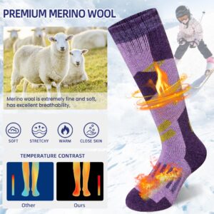 Kids Ski Socks Merino Wool Winter Warm Thermal Hiking Snowboarding Knee High Heavy Boot Socks for Toddler Boys Girls 2 Pairs(Pink/Purple, 8-12 Years)