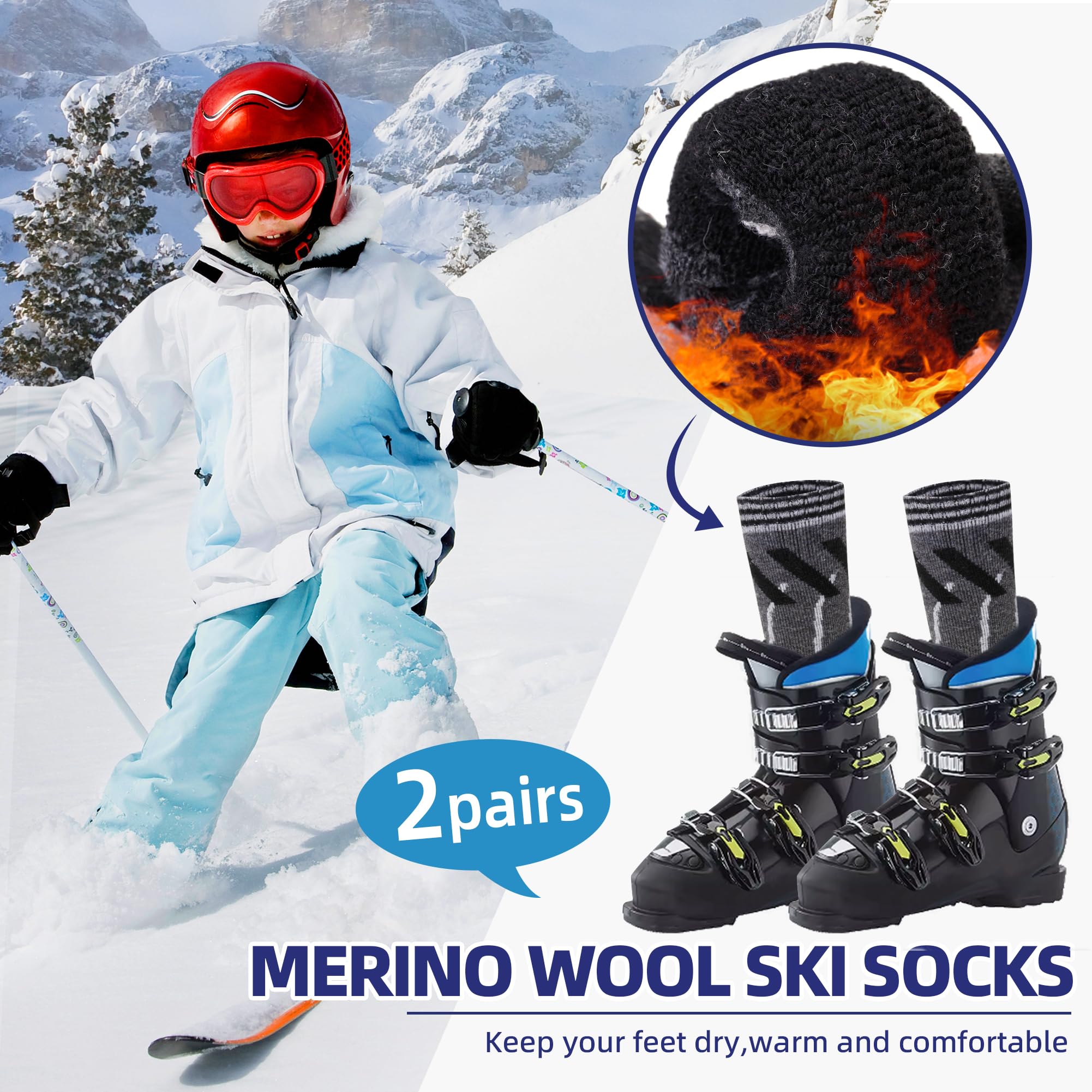 Kids Ski Socks Merino Wool Winter Warm Thermal Hiking Snowboarding Knee High Heavy Boot Socks for Toddler Boys Girls 2 Pairs(Grey/Blue, 4-7 Years)