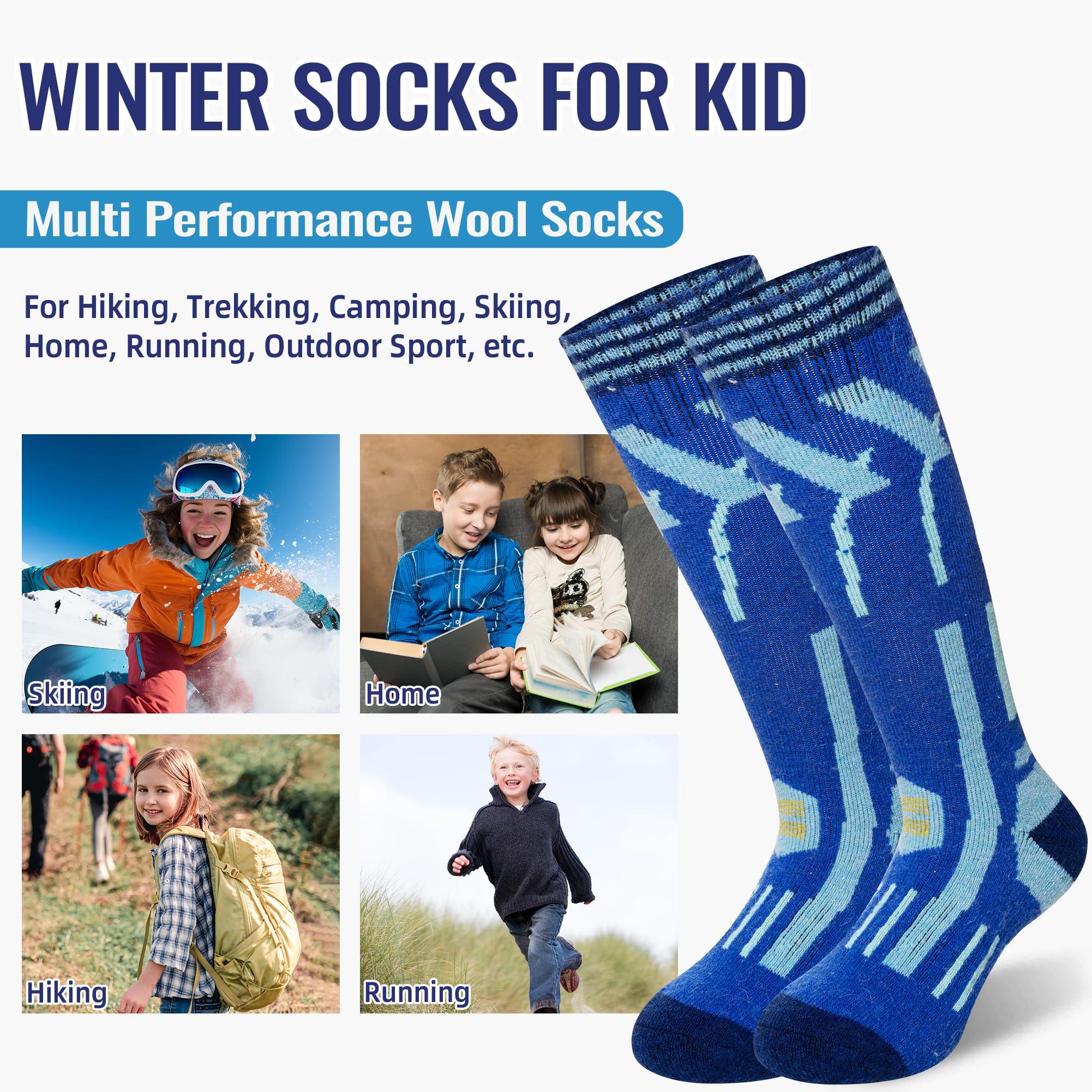 Kids Ski Socks Merino Wool Winter Warm Thermal Hiking Snowboarding Knee High Heavy Boot Socks for Toddler Boys Girls 2 Pairs(Grey/Blue, 4-7 Years)