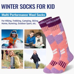 Kids Ski Socks Merino Wool Winter Warm Thermal Hiking Snowboarding Knee High Heavy Boot Socks for Toddler Boys Girls 2 Pairs(Pink/Purple, 8-12 Years)