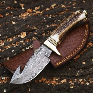 SUSA KNIVES Damascus Steel Gut Hook Hunting Knife Fixed Blade STAG Horn Handle EDC Survival Knife for Men - Fixed Blade