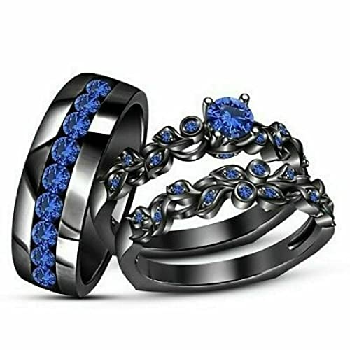 Triostar Wedding Ring Set Valentine's Promise Ring Set His Hers Couples Matching Rings Women's 14K Black Gold Plated Women's Size 6 & Men's Size 11