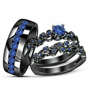 triostar wedding ring set valentine's promise ring set his hers couples matching rings women's 14k black gold plated women's size 6 & men's size 11