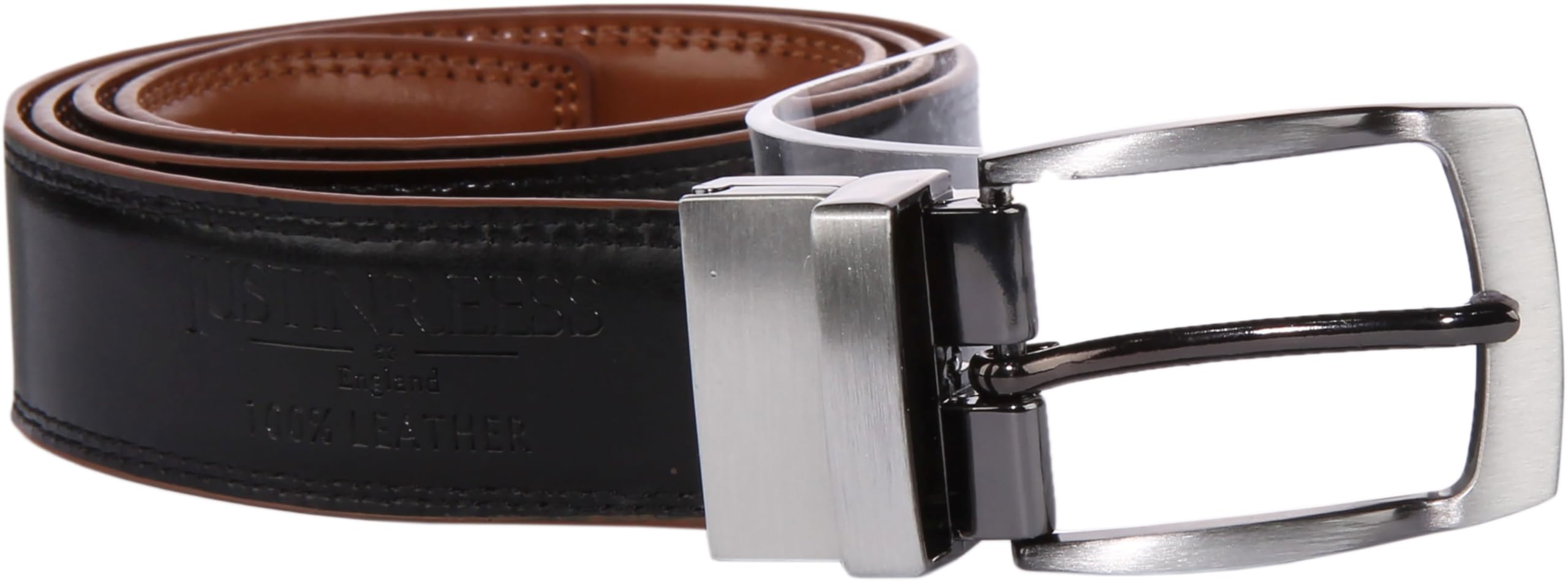 JUSTINREESS ENGLAND Eli Men’s Genuine Leather Reversible Belt 1.25", Leather Casual 2 Sides Belts with Anti-Scratch Zinc-Alloy Adjustable Buckle (Black & Brown, Size 34, Waist 32")