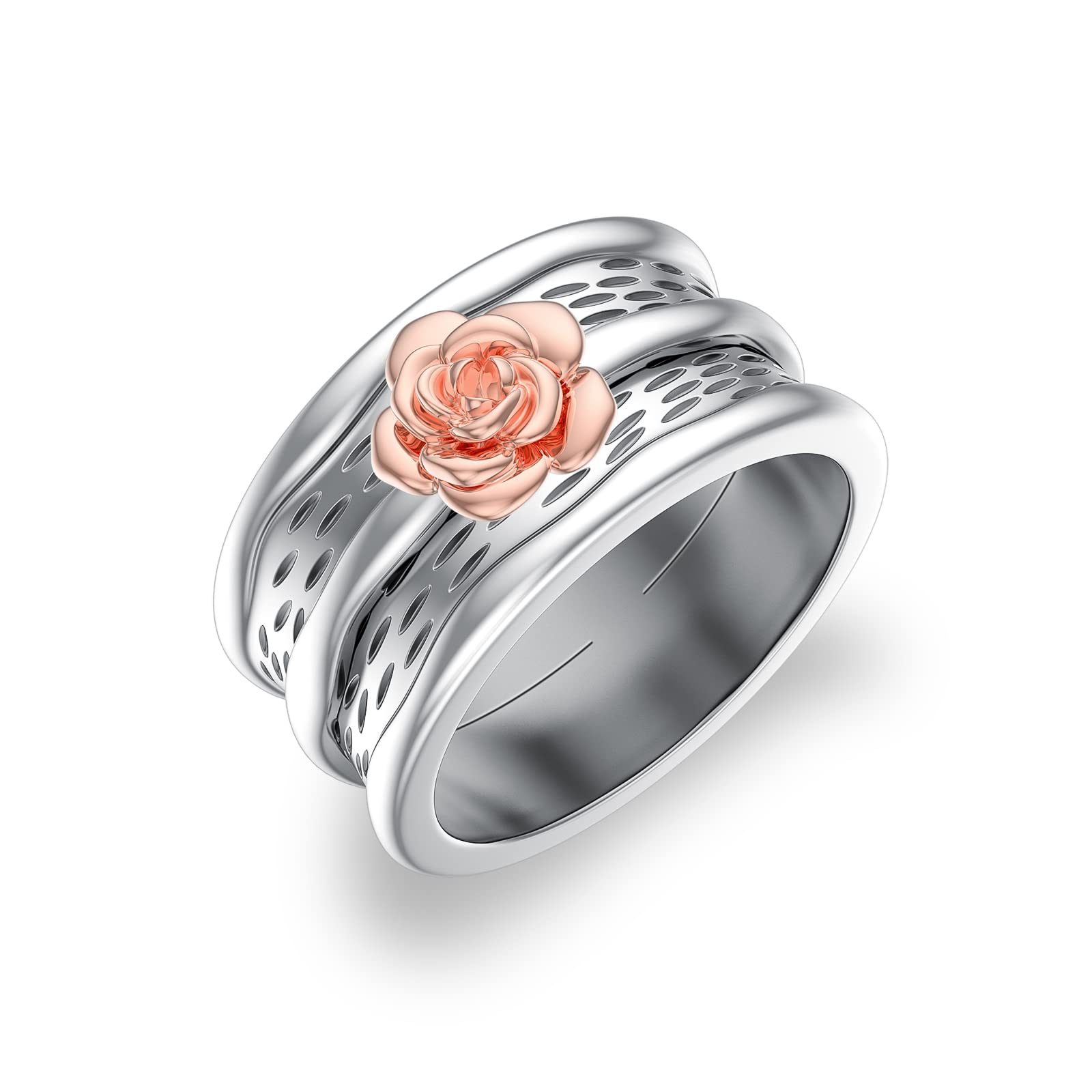 Seiyang White Gold Plated Spinner Ring for Women with Rose Flowers Fidget Anxiety Relief Ring Band for Women,Size 7