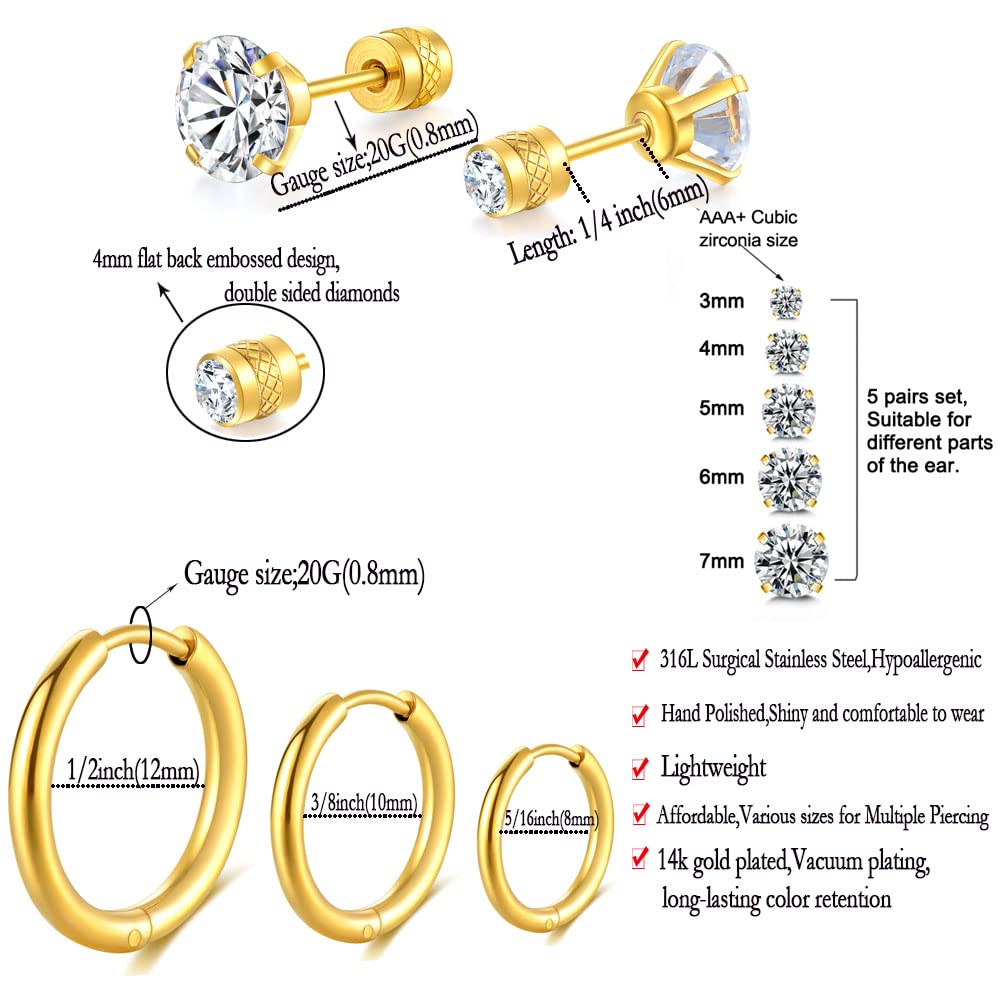 Dainty 8 Pairs Surgical Stainless Steel Earrings 14K Gold Plated Hoop Earrings,Stainless Steel,14K Gold Plated