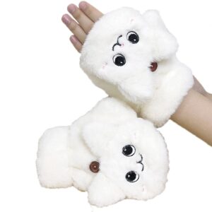 women winter cute cartoon fur rabbit mittens fingerless gloves plush warm glove soft thick flexible half finger gloves (color : white, gloves size : one size)