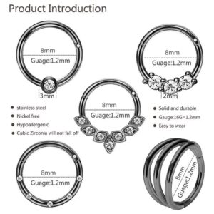 5 Pcs 8mm Cartilage Rings Hoops for Daith, Septum and Nostril Nose Earrings, Cartilage Earrings Helix Tragus Earrings Conch Earrings and Rook Piercing Earrings for Women - Black