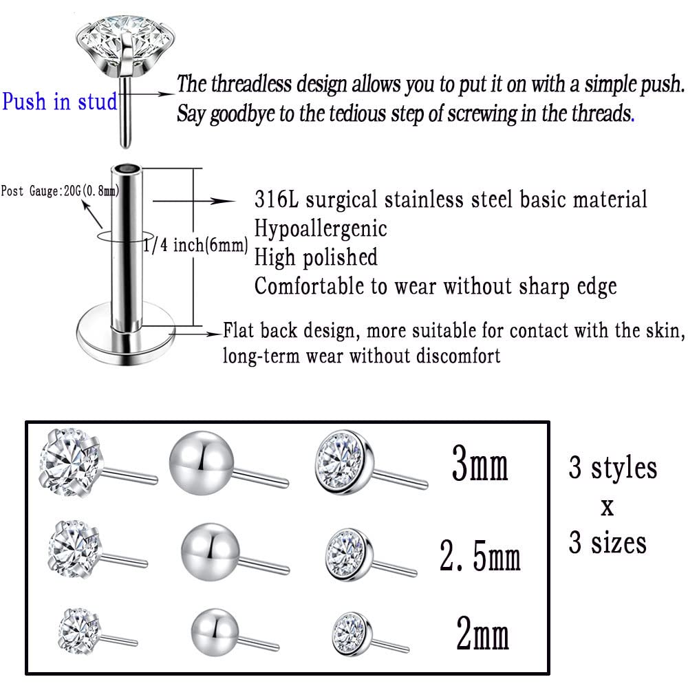 9pcs Threadless Push in nose rings studs for Multiple Piercing,316L Surgical Stainless Steel lip rings studs Labret Jewelry Cartilage Tragus Helix Earrings Studs Monroe Medusa Piercing Jewelry for