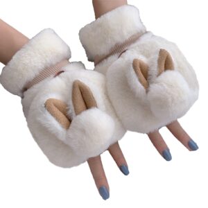 Women Girls Warm Gloves Thicken Cute Rabbit Ears Convertible Flip Top Winter Fingerless Thick Mittens for Teen Student (Color : White, Size : One Size)