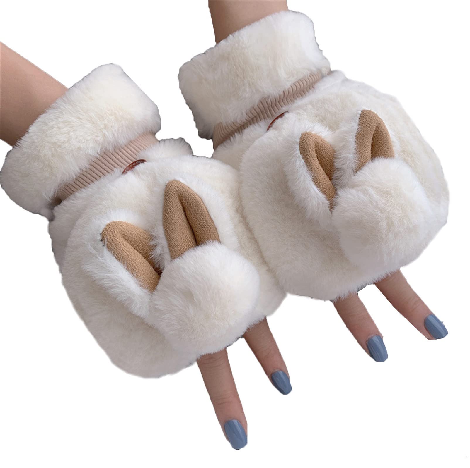 Women Girls Warm Gloves Thicken Cute Rabbit Ears Convertible Flip Top Winter Fingerless Thick Mittens for Teen Student (Color : White, Size : One Size)