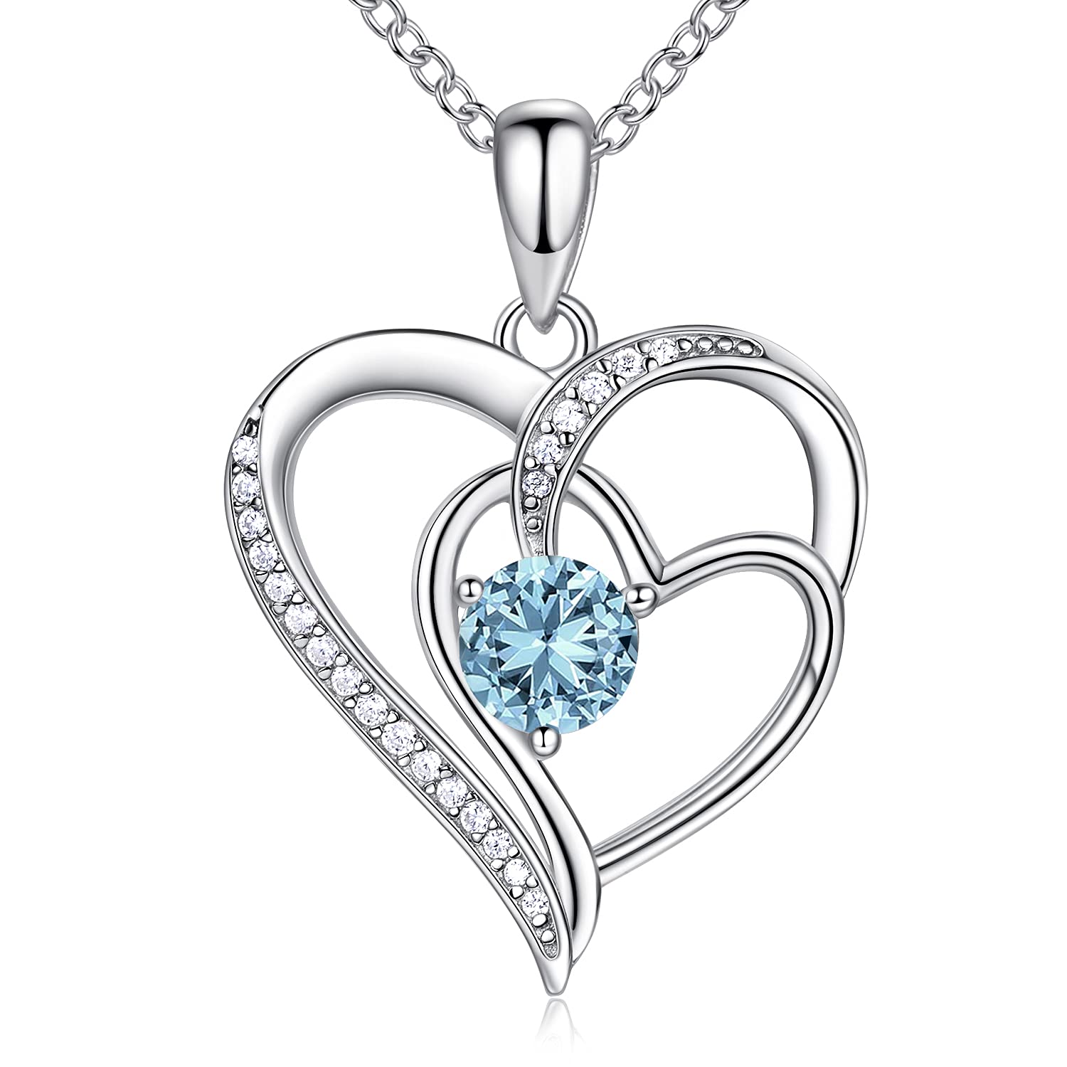 NINAMAID Birthstone Necklace for Women, Heart Necklace 18K White Gold Filled Sterling Silver Diamond Necklaces Jewelry Birthday Gifts for Women