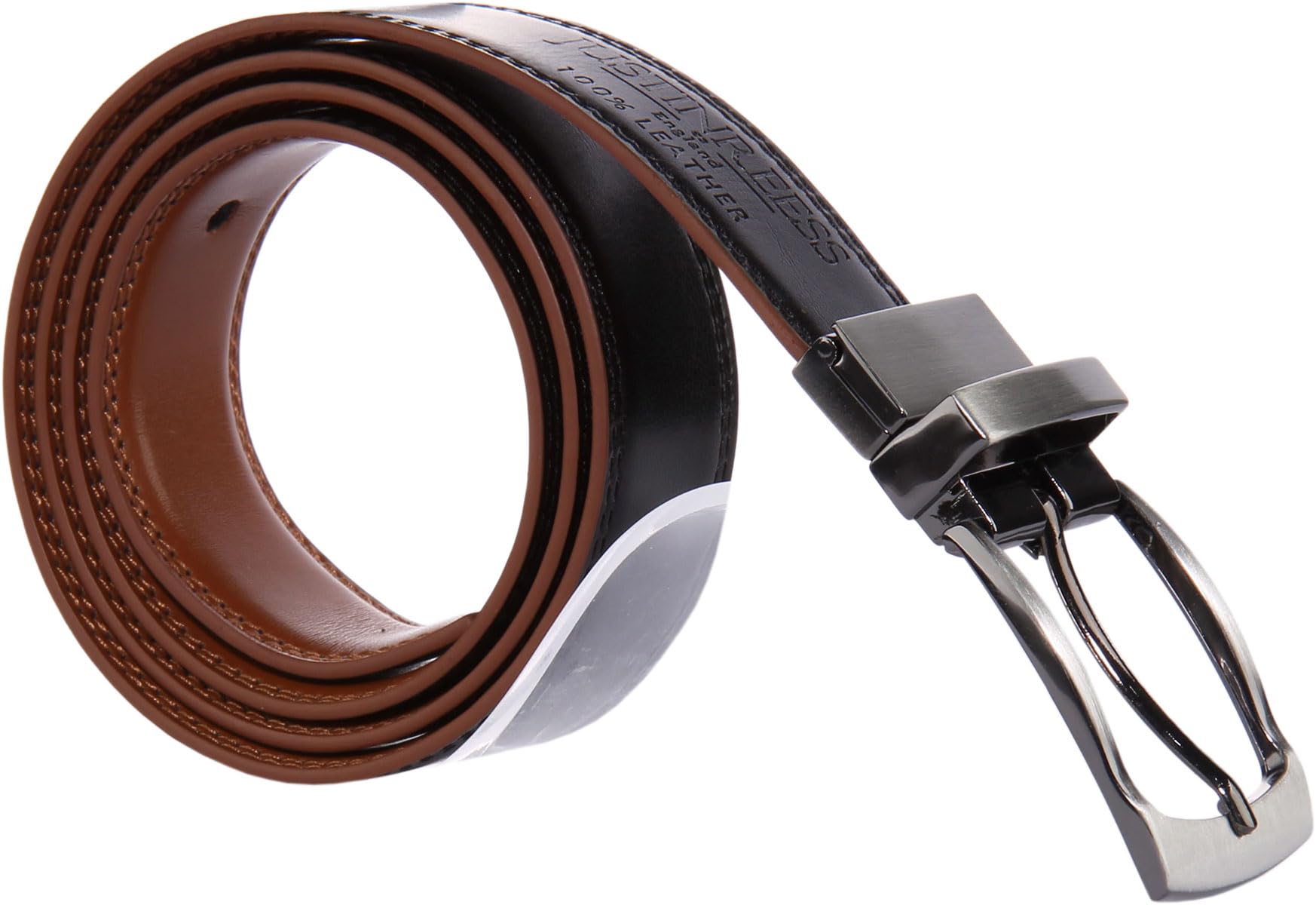 JUSTINREESS ENGLAND Eli Men’s Genuine Leather Reversible Belt 1.25", Leather Casual 2 Sides Belts with Anti-Scratch Zinc-Alloy Adjustable Buckle (Black & Brown, Size 34, Waist 32")