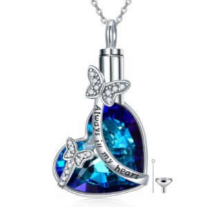 mongas cremation jewelry crystal butterfly urn necklace for ashes sterling silver you are always in my heart remembrance condolence gift for loss memorial human female ash holder necklace