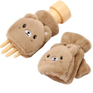 woman winter warm gloves girls cute bear rabbit ears convertible flip top fingerless thick mittens for teen student (color : bear khaki, gloves size : one size)