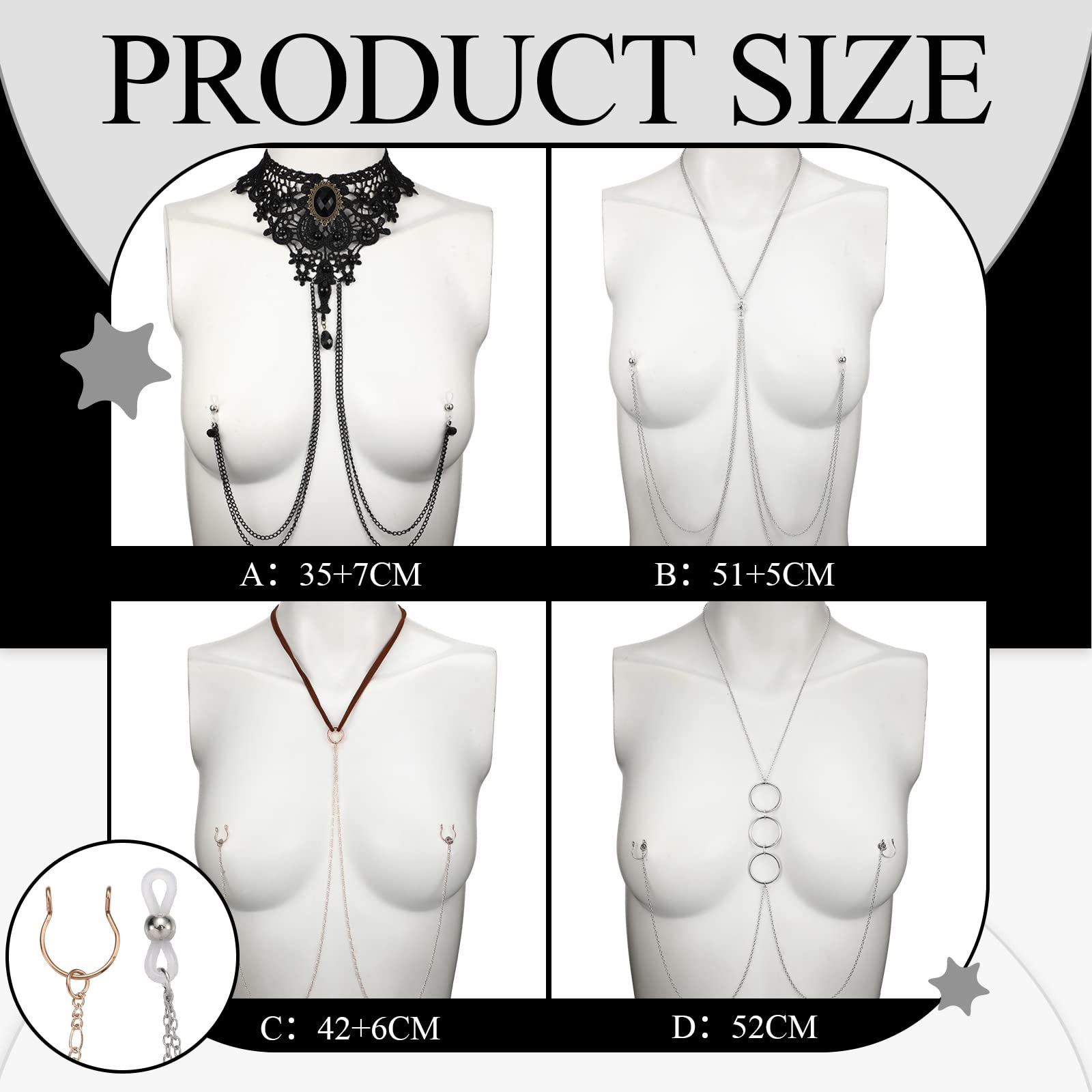 4 Pcs Non Piercing Bra Body Chain with Necklaces Body Chain Non Piercing with Chain Adjustable Bra Body Jewelry Non Piercing (Classic Style)