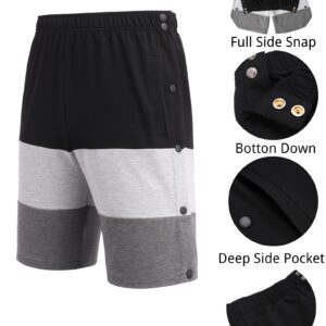 Deyeek Tear Away Shorts for Men Side Snap Cotton Color Block Shorts Post Surgery Recovery Break Away Pants with Pockets