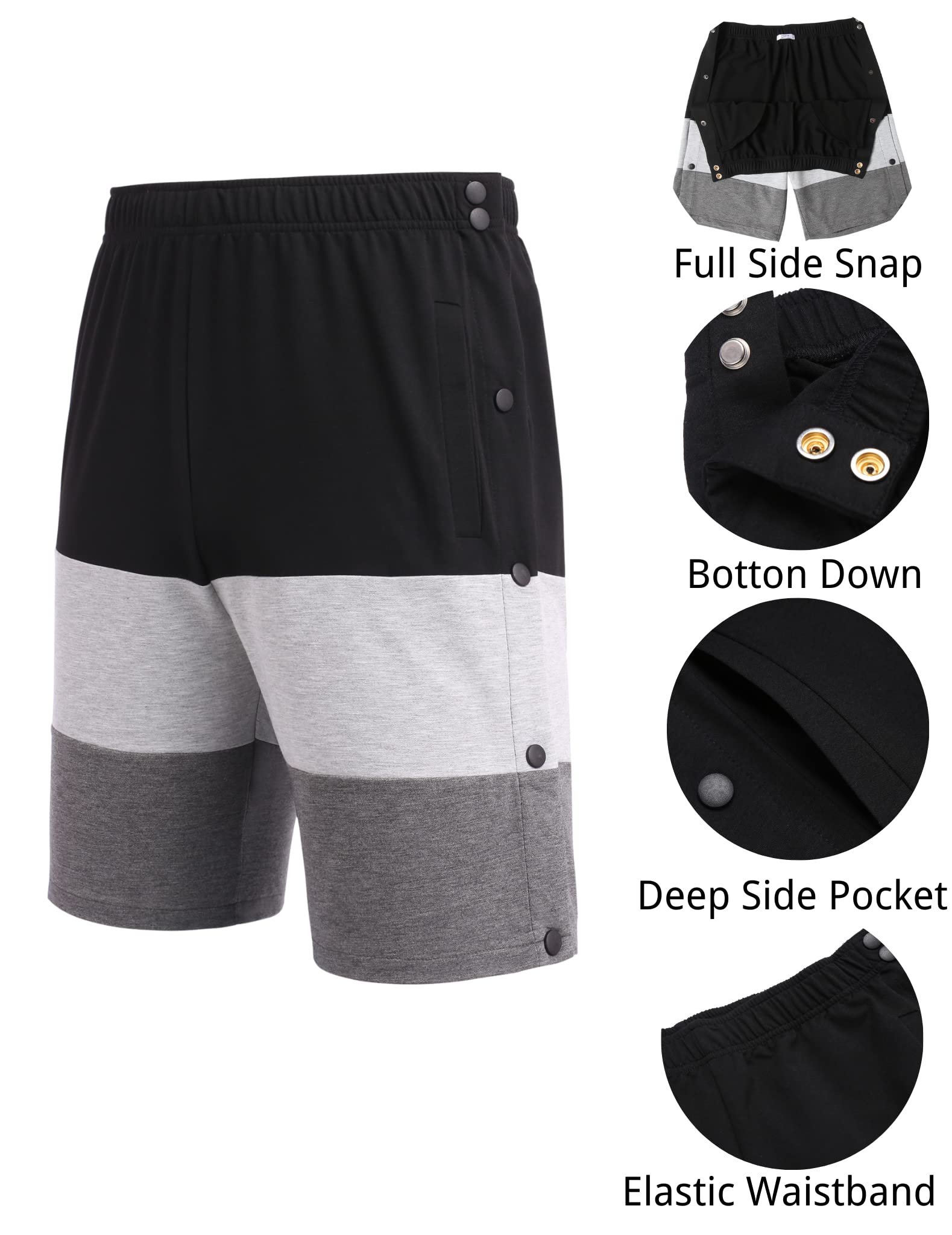 Deyeek Tear Away Shorts for Men Side Snap Cotton Color Block Shorts Post Surgery Recovery Break Away Pants with Pockets