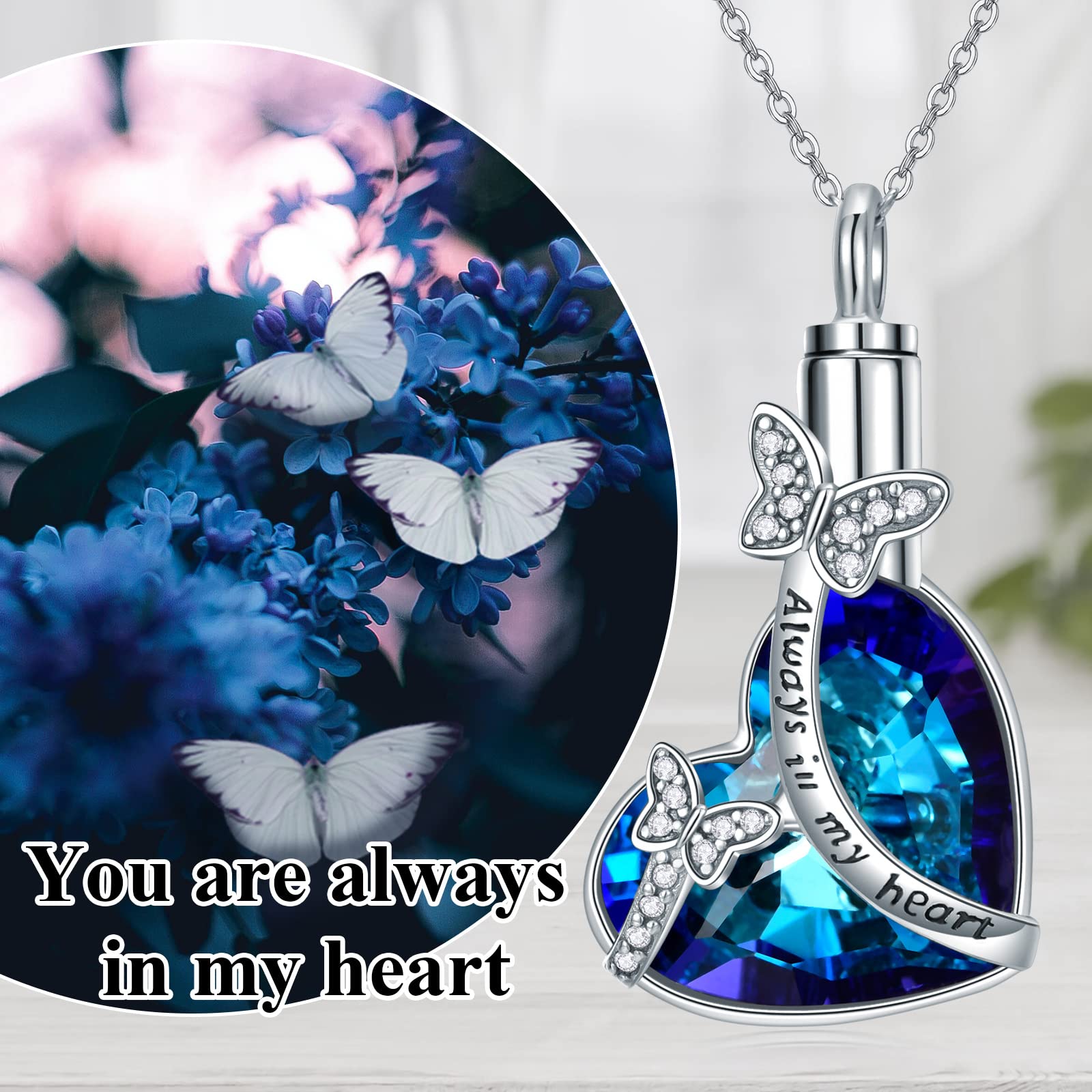 MONGAS Cremation Jewelry Crystal Butterfly Urn Necklace for Ashes Sterling Silver You Are Always In My Heart Remembrance Condolence Gift For Loss Memorial Human Female Ash Holder Necklace