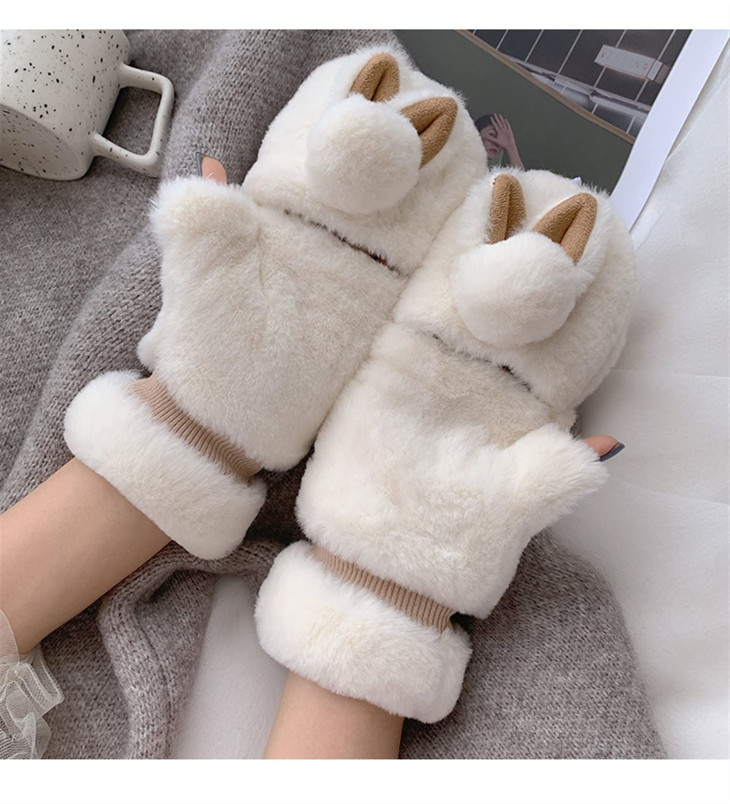 Women Girls Warm Gloves Thicken Cute Rabbit Ears Convertible Flip Top Winter Fingerless Thick Mittens for Teen Student (Color : White, Size : One Size)