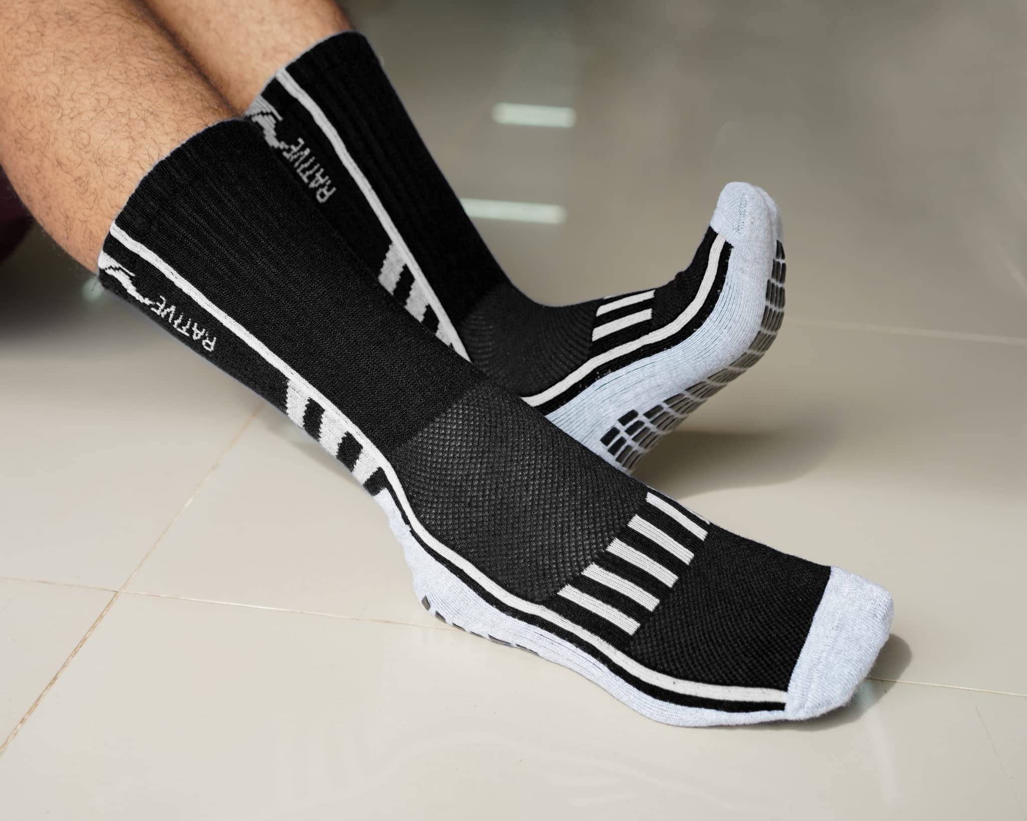 RATIVE Anti Slip Non Skid Slipper Hospital Crew Socks with grips for Adults Men Women (XXL, 4 pairs-back stripes)