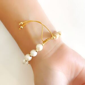 LESLIE BOULES White Gold Scapular Love Bracelet for Women Baroque Pearls Beads