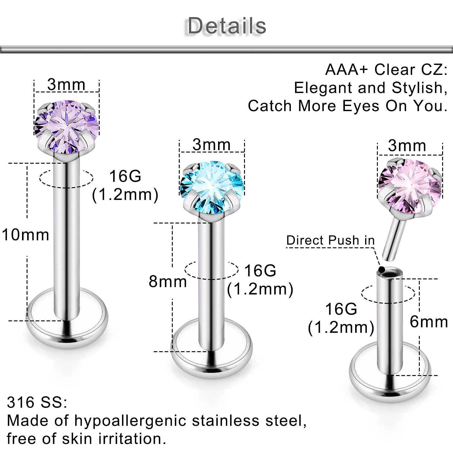 Yaalozei 16G Threadless Push in Lip Labret Medusa Monroe Nose Ring Stud Piercing Jewelry Women Stainless Surgical Steel Silver Flat Back Cartilage Helix Tragus Earrings Studs Bar Piercing Jewelry Men