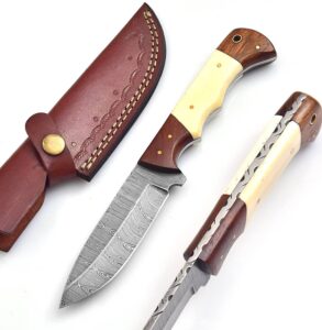 s56- professional custom handmade damascus hunting knife - best damascus steel fixed blade hunting skinning knife camping, survival knife with leather sheath. overall length 9” blade 4” & handle5”