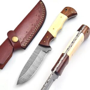 S56- Professional Custom Handmade Damascus Hunting Knife - Best Damascus steel Fixed Blade Hunting Skinning Knife Camping, Survival Knife with Leather Sheath. Overall Length 9” Blade 4” & Handle5”