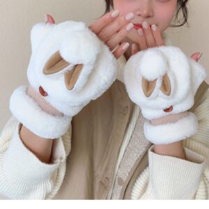 Women Girls Warm Gloves Thicken Cute Rabbit Ears Convertible Flip Top Winter Fingerless Thick Mittens for Teen Student (Color : White, Size : One Size)