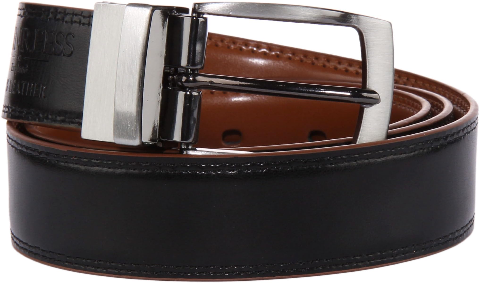 JUSTINREESS ENGLAND Eli Men’s Genuine Leather Reversible Belt 1.25", Leather Casual 2 Sides Belts with Anti-Scratch Zinc-Alloy Adjustable Buckle (Black & Brown, Size 34, Waist 32")