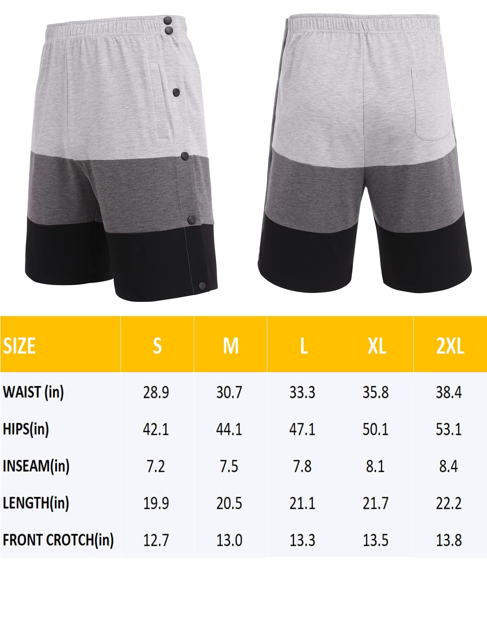 Deyeek Tear Away Shorts for Men Side Snap Cotton Color Block Shorts Post Surgery Recovery Break Away Pants with Pockets