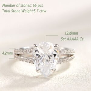 Wuziwen 925 Sterling Silver Cubic Zirconia Pear Shaped Engagement Ring for Women AAAAA CZ Size 7