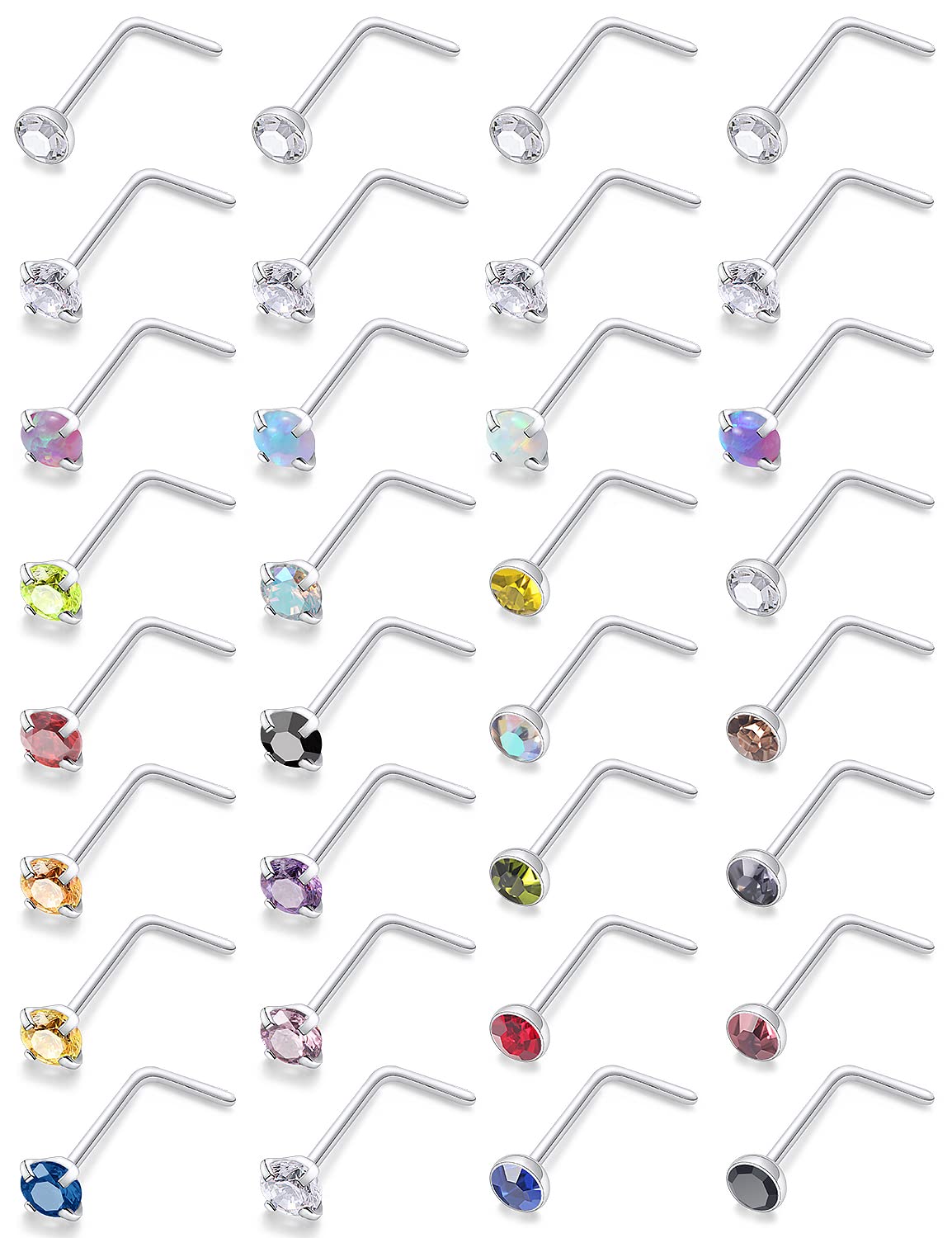 Leiainely 22g 22 g Gauge Thin Nose Rings Studs Piercings Aretes Para La Nariz for Women Men 2mm Gems L Shape Shaped Nostril Jewelry Hypoallergenic Surgical Stainless Silver Steel