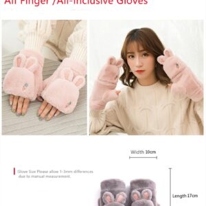 Woman Winter Warm Gloves Girls Cute Bear Rabbit Ears Convertible Flip Top Fingerless Thick Mittens for Teen Student (Color : Bear Khaki, Gloves Size : One Size)