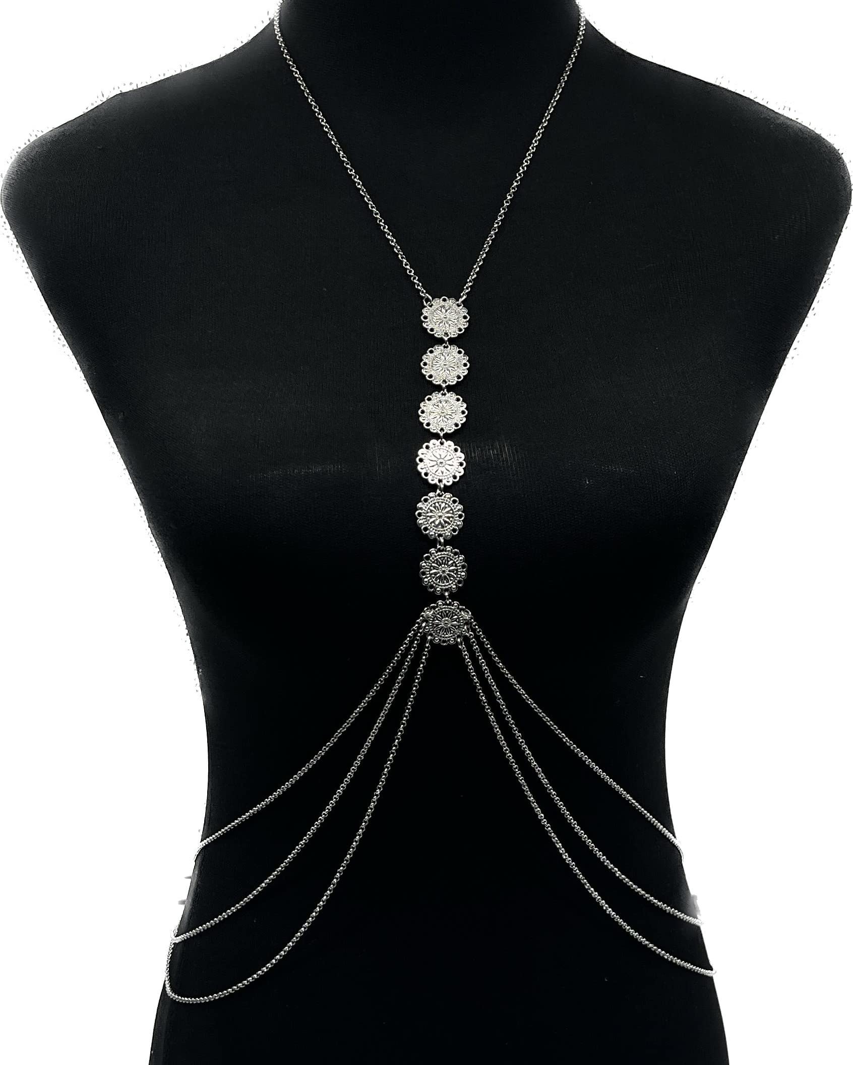 Vintage Fashion Simple Metal Chest Chain Carved Flower Plate Beach Bra Chain Back Chain Necklace Women's Party Holiday Jewelry (silvery)