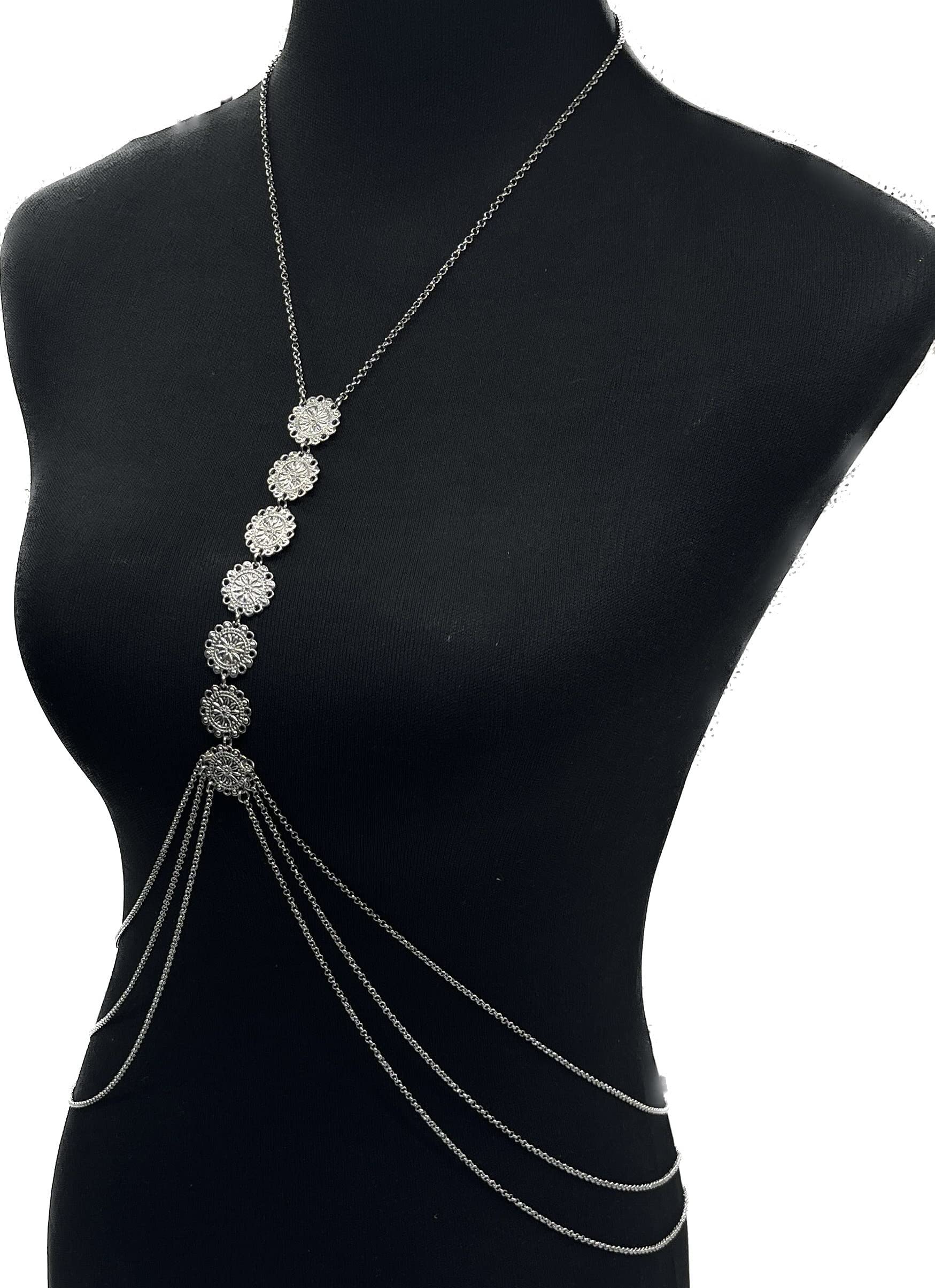 Vintage Fashion Simple Metal Chest Chain Carved Flower Plate Beach Bra Chain Back Chain Necklace Women's Party Holiday Jewelry (silvery)