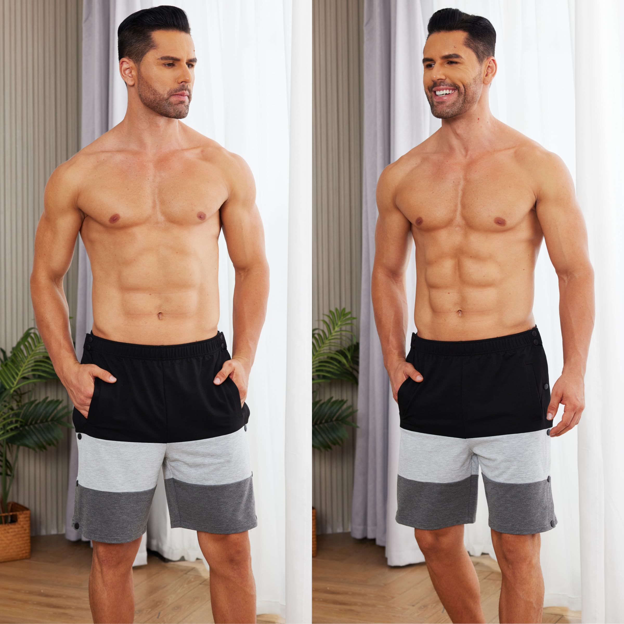 Deyeek Tear Away Shorts for Men Side Snap Cotton Color Block Shorts Post Surgery Recovery Break Away Pants with Pockets