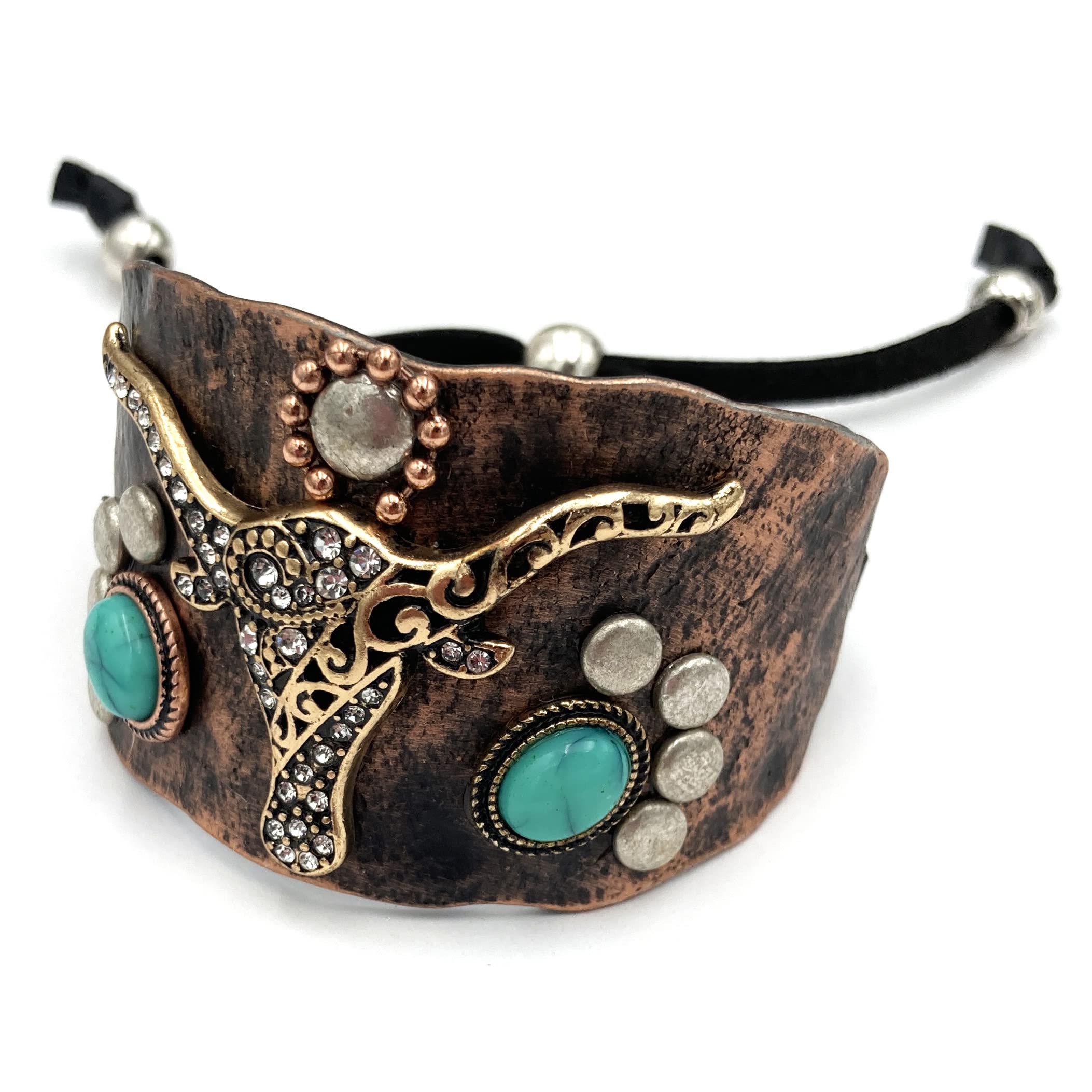 Western Peak Hammered Plate Western Tritone Rhinestone Longhorn Leather Cuff Bracelet (Copper)