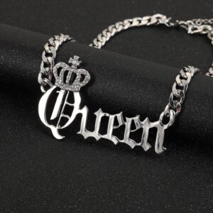 Tiberu Hip Hop Crystal Crown Queen Cuban Chain Necklace Chunky Statement Pendant Necklace Rapper Accessories 80S 90s Party Costume Jewelry (Silver)