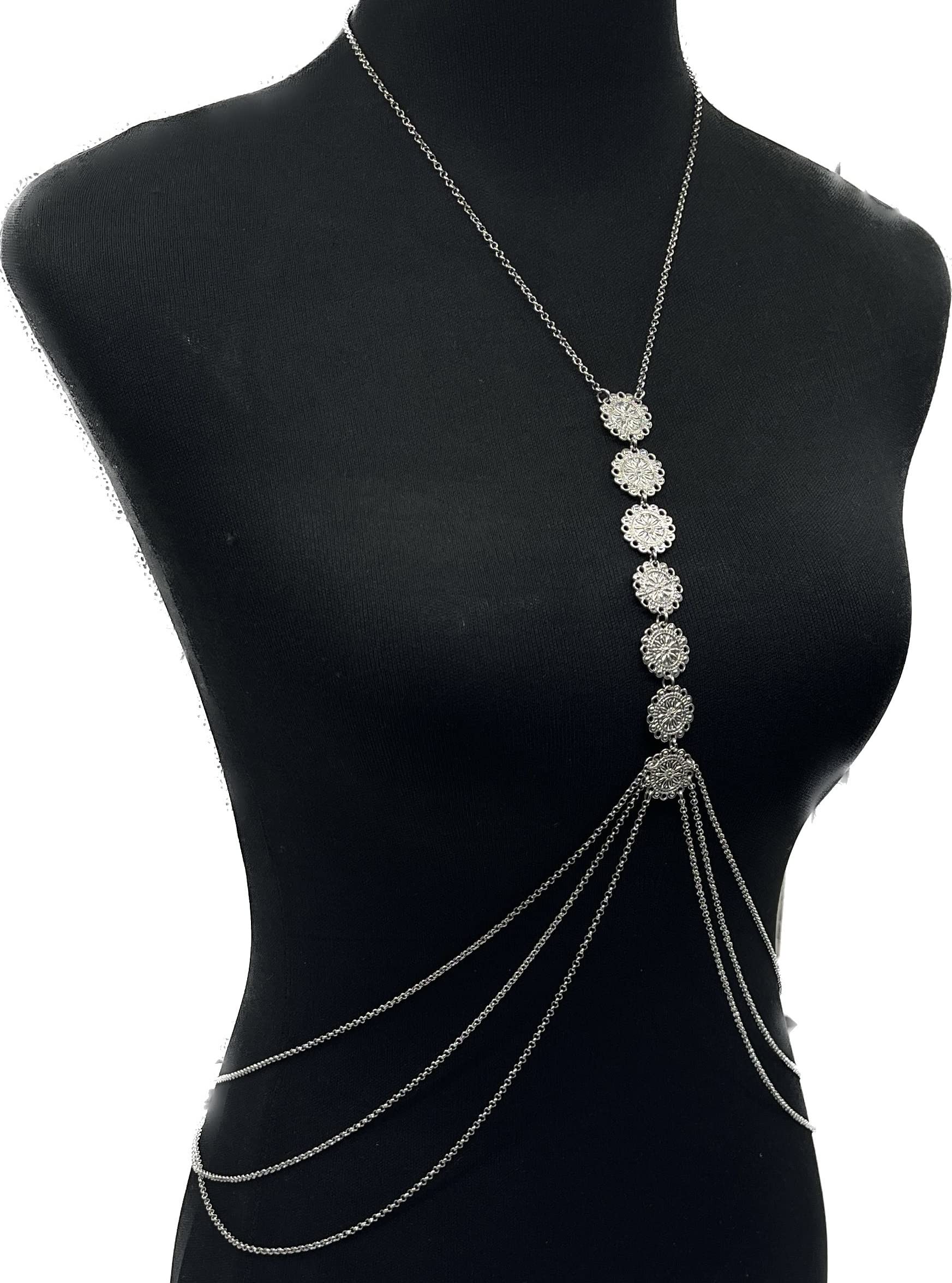 Vintage Fashion Simple Metal Chest Chain Carved Flower Plate Beach Bra Chain Back Chain Necklace Women's Party Holiday Jewelry (silvery)