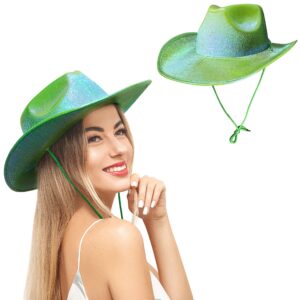 metallic green cowboy hat with removable drawstring for bachelorette or space cowgirl costume party - shiny glitter iridescent cowgirl hats for women - one size fits all and string to tighten (green)