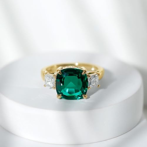 Rosec Jewels Lab Grown Emerald 10mm Cushion Cut Engagement Ring with Moissanite, AAAA Quality, Past Present Future Ring, 14K Yellow Gold, Size:US 7.50