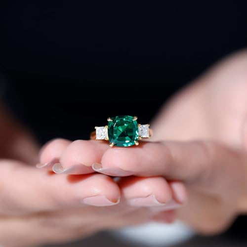 Rosec Jewels Lab Grown Emerald 10mm Cushion Cut Engagement Ring with Moissanite, AAAA Quality, Past Present Future Ring, 14K Yellow Gold, Size:US 7.50